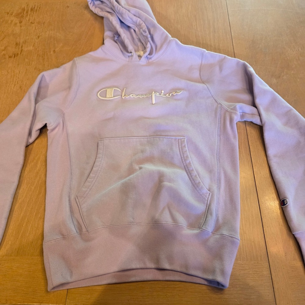Champion Reverse Weave Hoodie Purple Lavender Script Logo Small Mens Womens